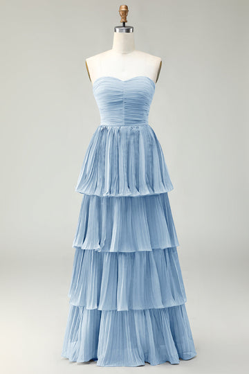 Blush Pink A Line Strapless Pleated Ruffled Long Bridesmaid Dress
